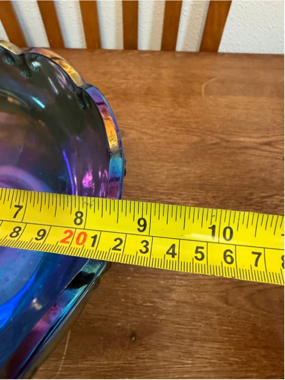 Vintage Blue Carnival Glass Pedestal Compote Bowl Iridescent Scalloped -CH